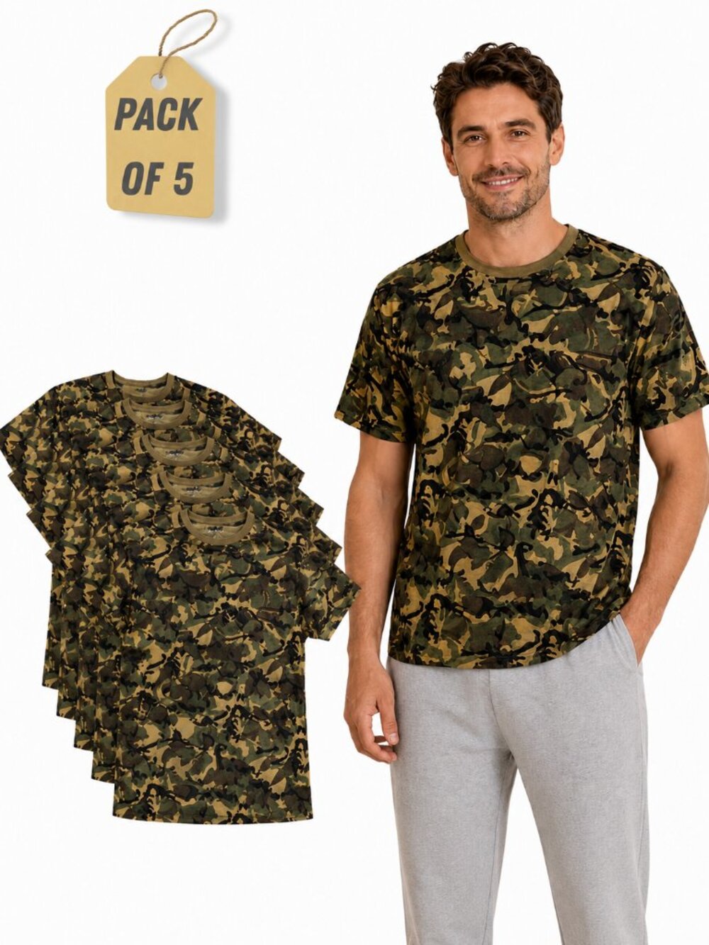 Men's 5-Pack Camouflage Crew Neck T-Shirts Camo Short Sleeve 5XL